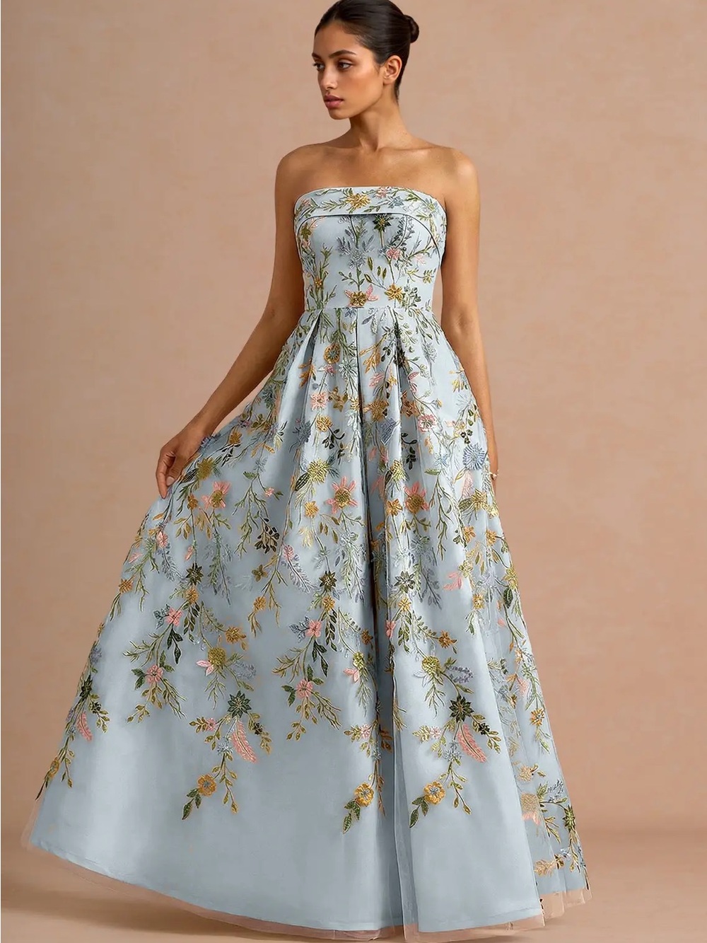 Strapless Floral Embroidered Ball Gown Dress - Light Blue